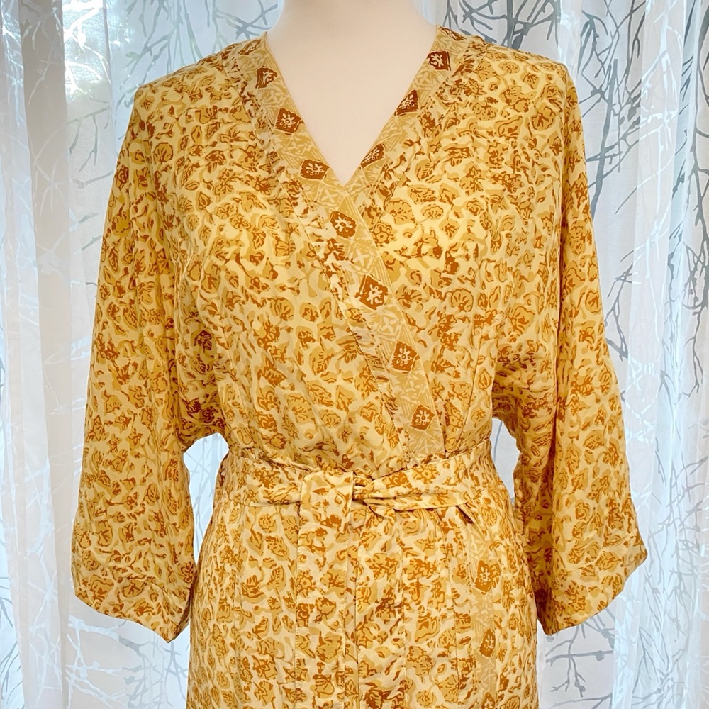 NATALIE MARTIN GOLDEN YELLOW BROWN PRINT LONG KIMONO ROBE DUSTER COVERUP - Picture 3 of 8